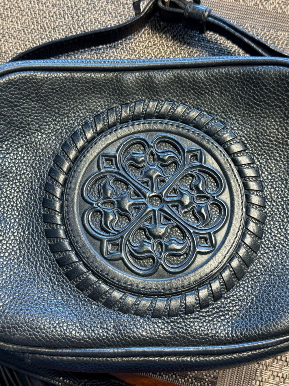 Brighton Style Black Womens Leather Crossbody Bag with Decorative Medallion